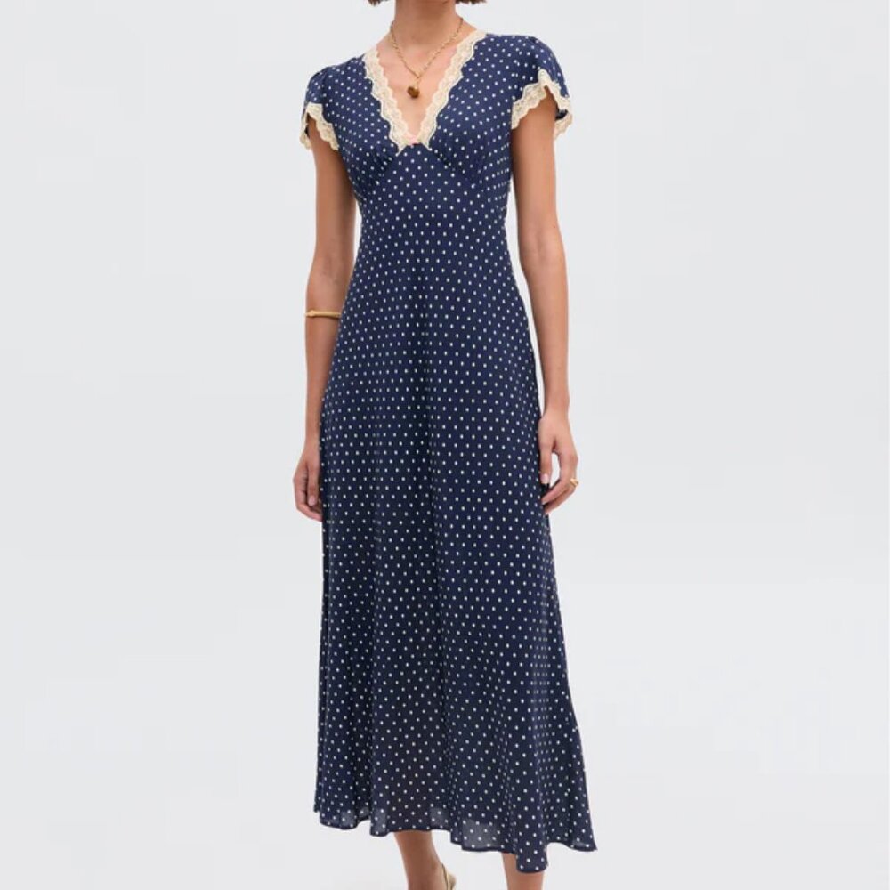 Rixo Clarice Midi Dress - Blue Polka Dot Lace Trim Sz US14